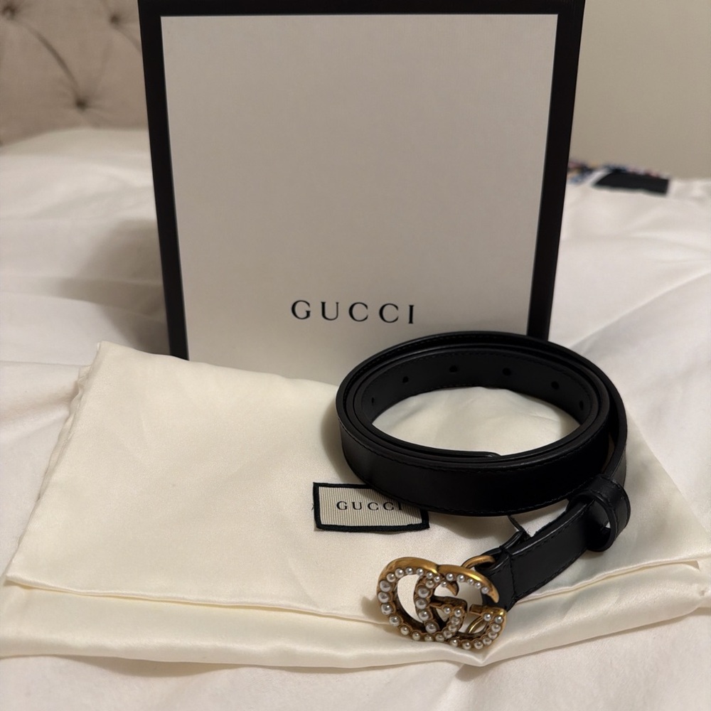 Gucci Black Belt with Pearl-Studded Gold Buckle
